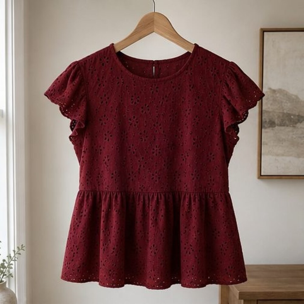 Wine Eyelet Peplum Blouse